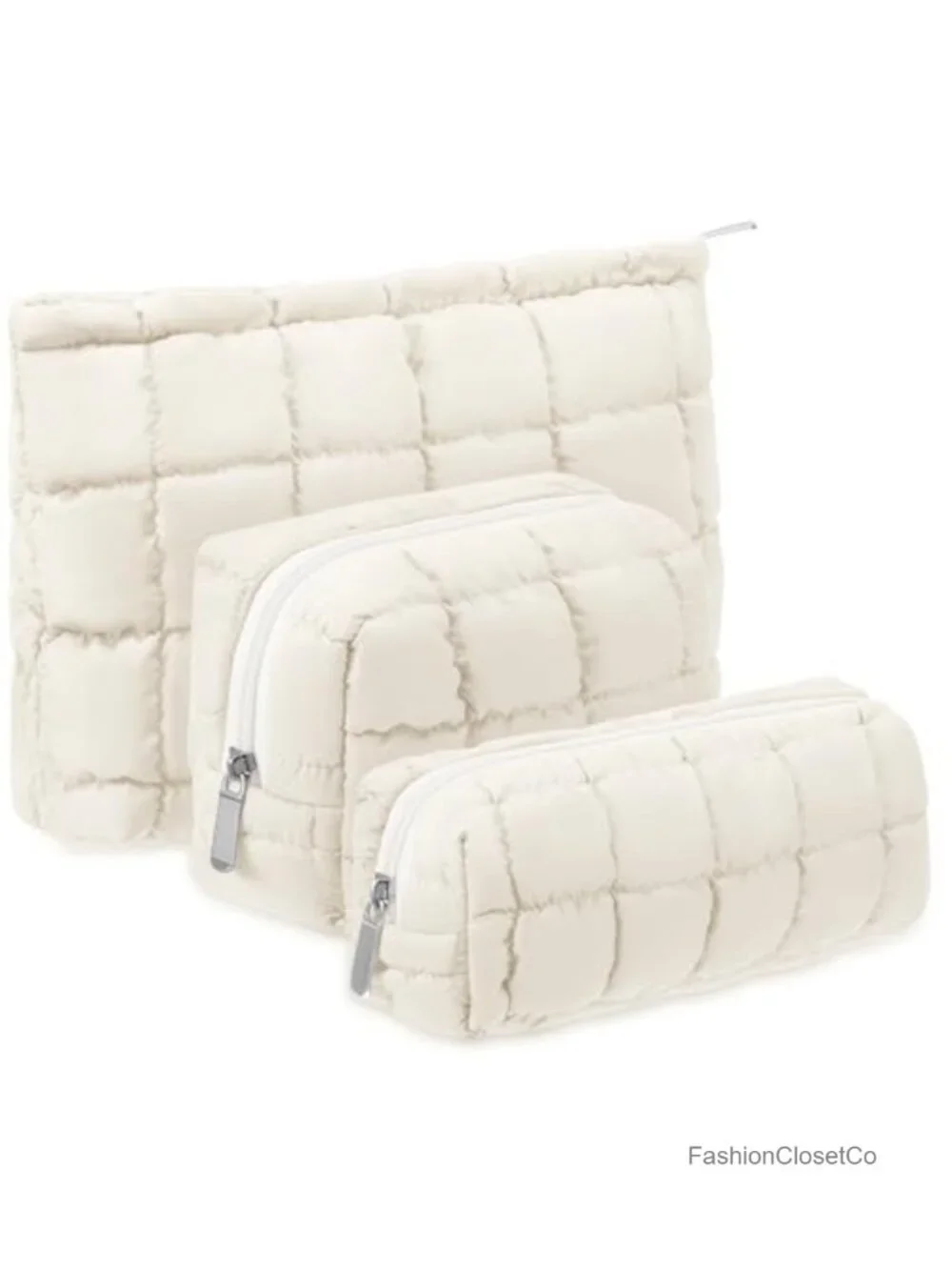 Puffy Quilted Cosmetic Pouch Set - 3 Pack Checkered Travel Makeup Bag Puffer